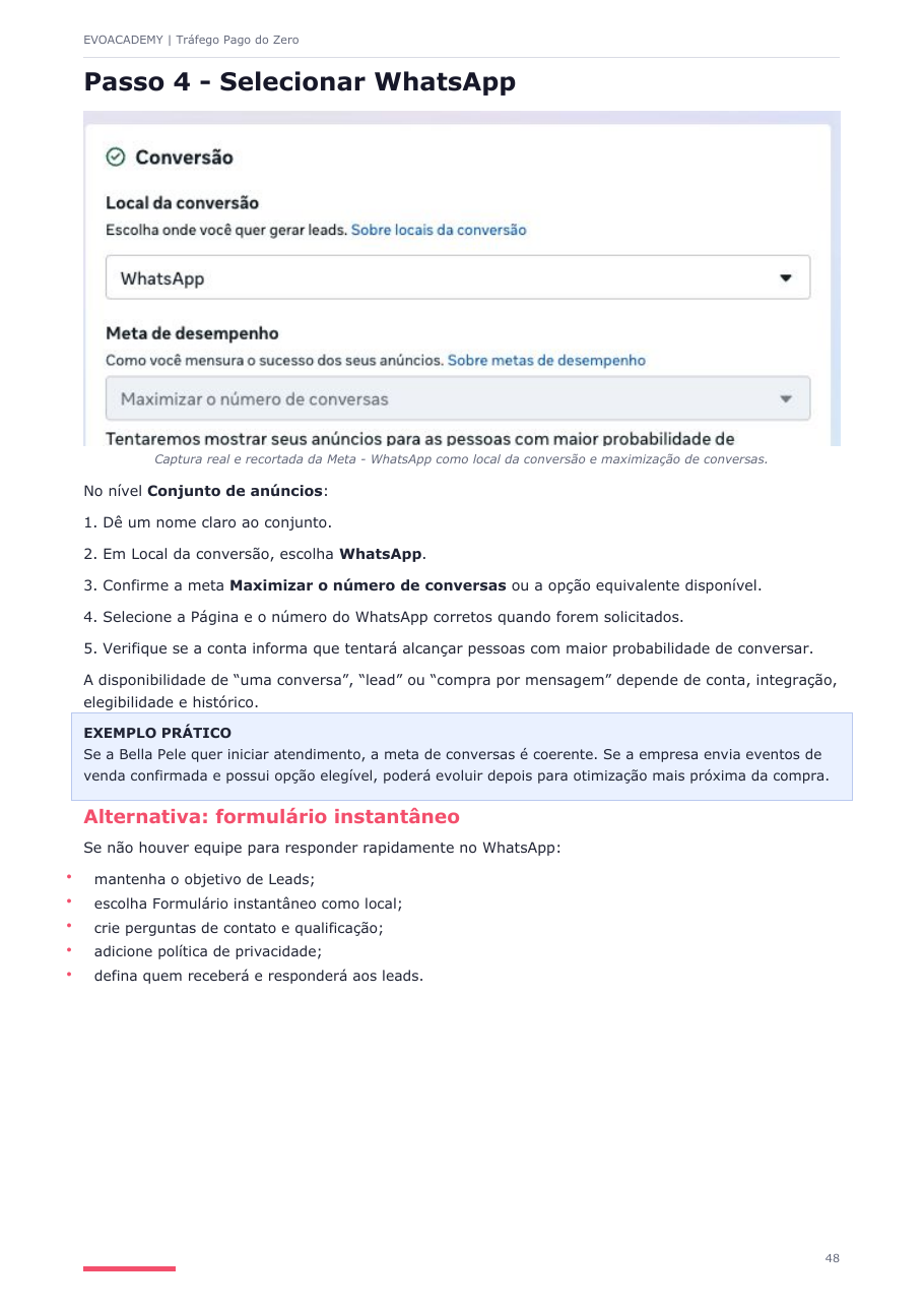 Página interna mostrando a configuração de campanha no Meta Ads